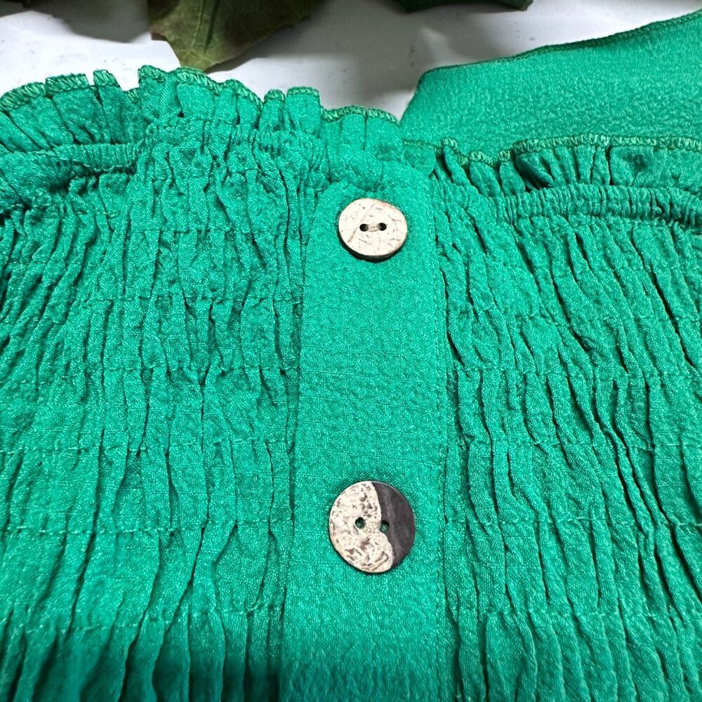 Green Strapless Button-Up Smocked Maxi Dress With Floral Crochet Detail - Size L - Picture 2 of 7